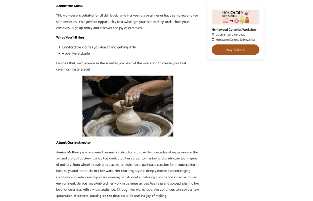 The description section of an event registration landing page including an image of a woman making pottery